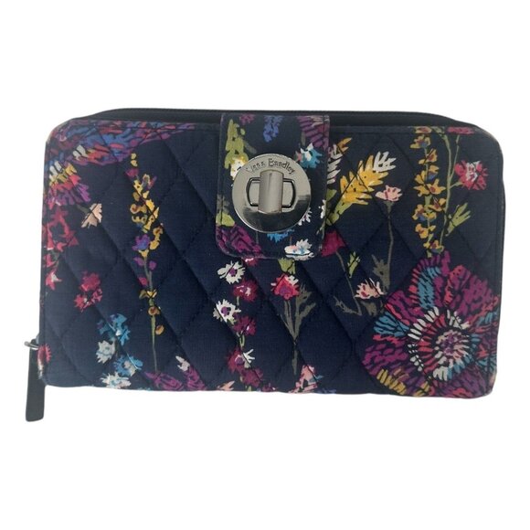 Vera Bradley RFID Turn Lock Wallet MIDNIGHT WILDFLOWER Quilted Pocket Zip-Around - Picture 2 of 8